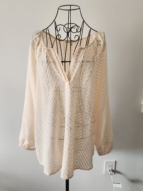 Daniel Rainn Top Womens XL Cream Sheer Textured Chevron Blouse Boho Chic Neutral